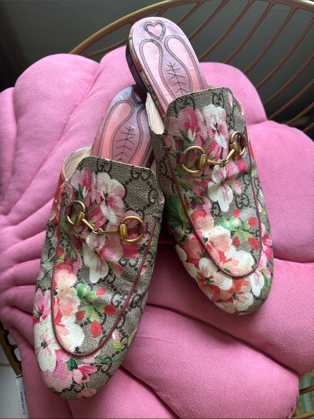 Gucci Blooms Horsebit Princetown Mules GG Floral Canvas Leather Slip On Pink Tan - Picture 15 of 17